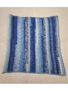 Handmade Multicolor Blue Striped Crocheted Baby Blanket, 32in x 32in, SUPER SOFT